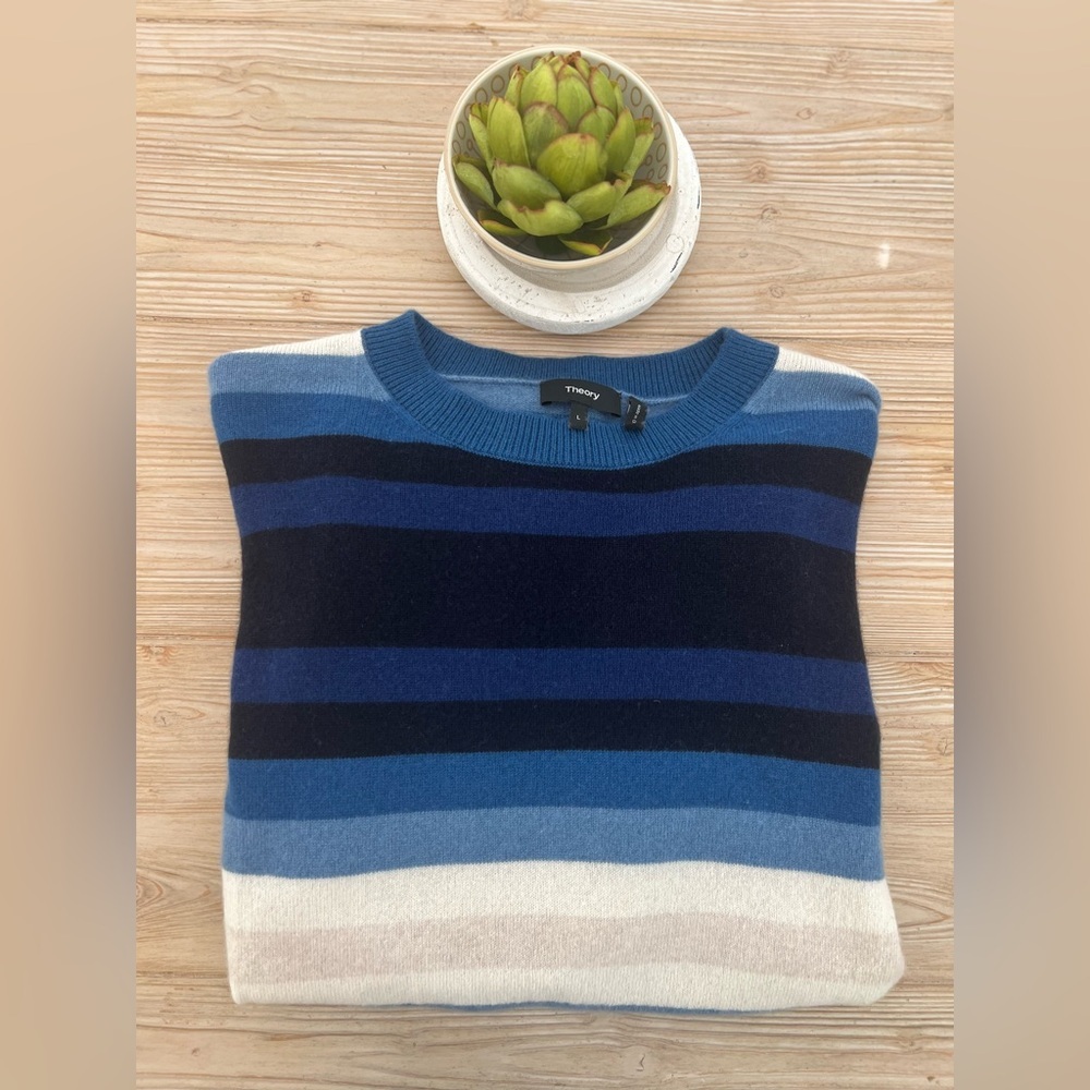 Theory Blue Stripe Cashmere Sweater | Women’s Large | Oversized Fit
